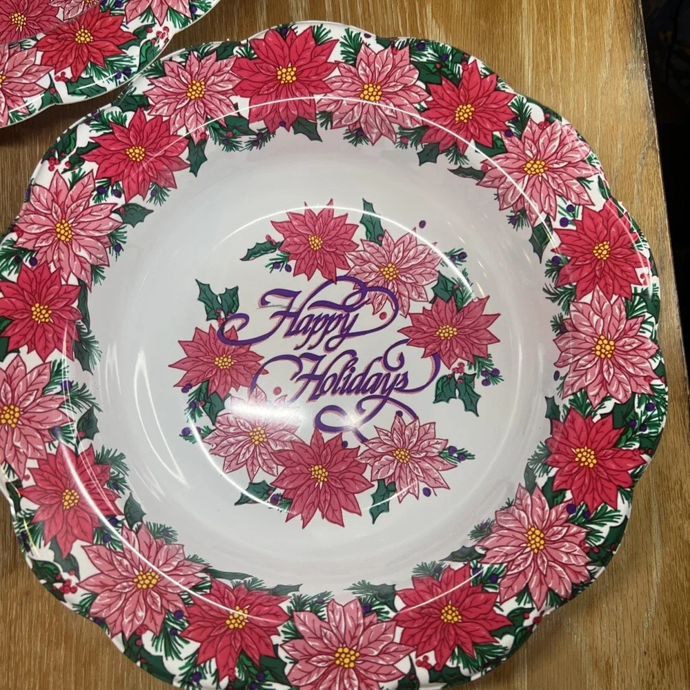 Berman Molded Plastic Bowl Poinsettia‎ Happy Holidays Christmas Dish (3) Vintage